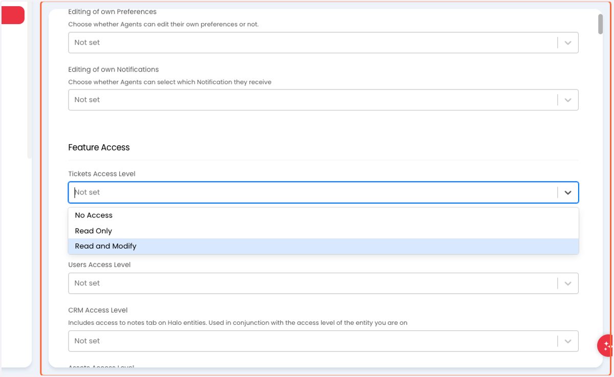 Select "Read and Modify" for Feature Access > Tickets Access Level