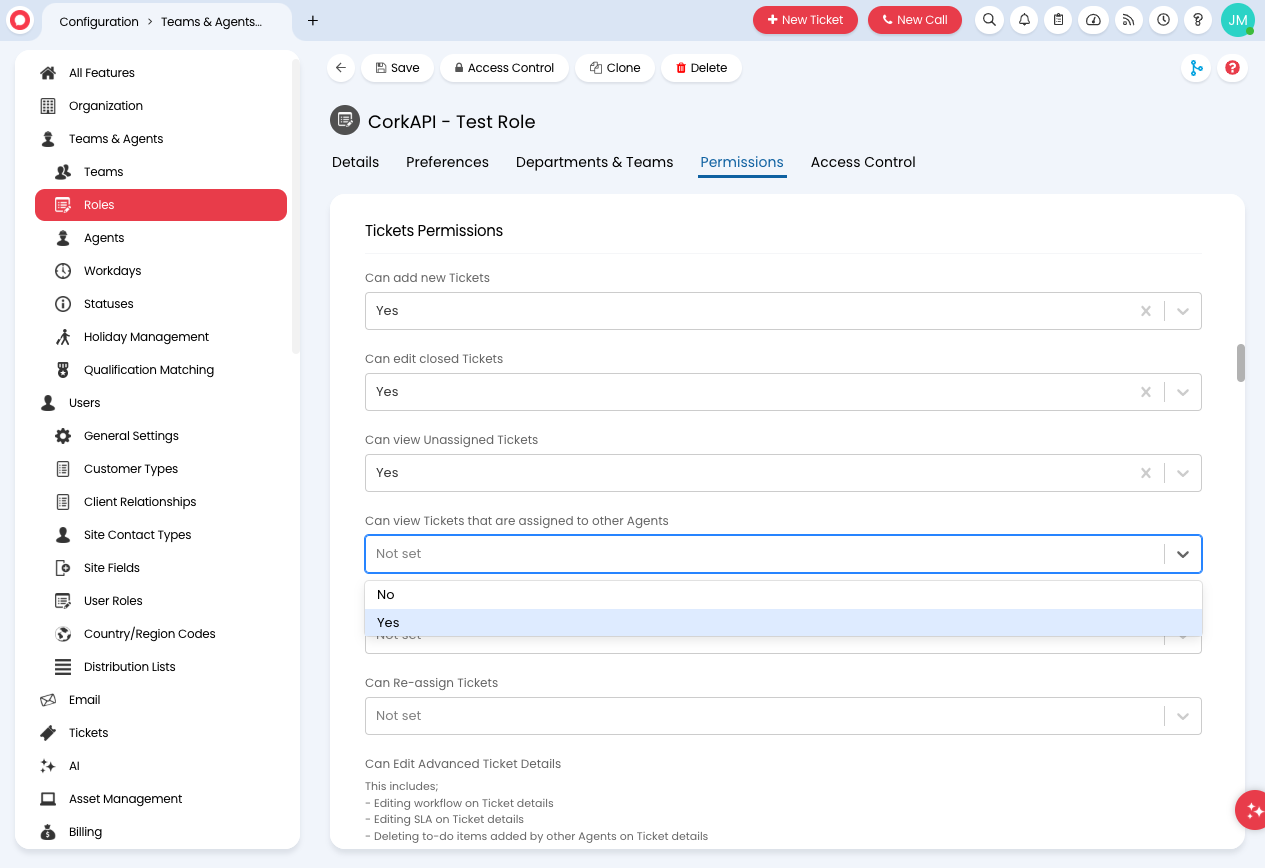 Select "Yes" for Can view Tickets that are assigned to other Agents