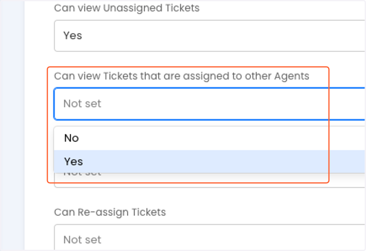 Select "Yes" for Can view Tickets that are assigned to other Agents