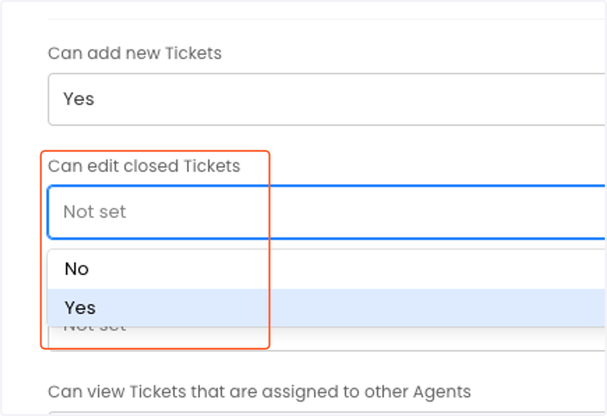 Select "Yes" for Can edit closed Tickets