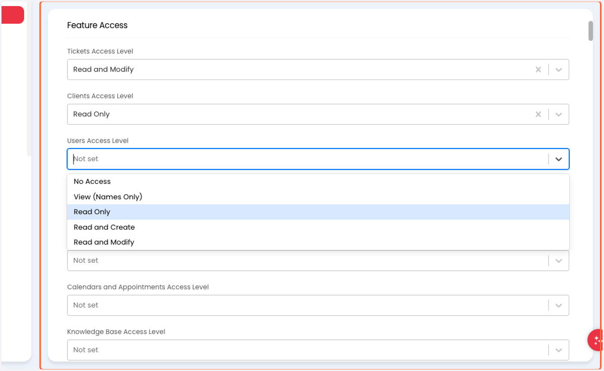 Select "Read Only" for Feature Access > Users Access Level