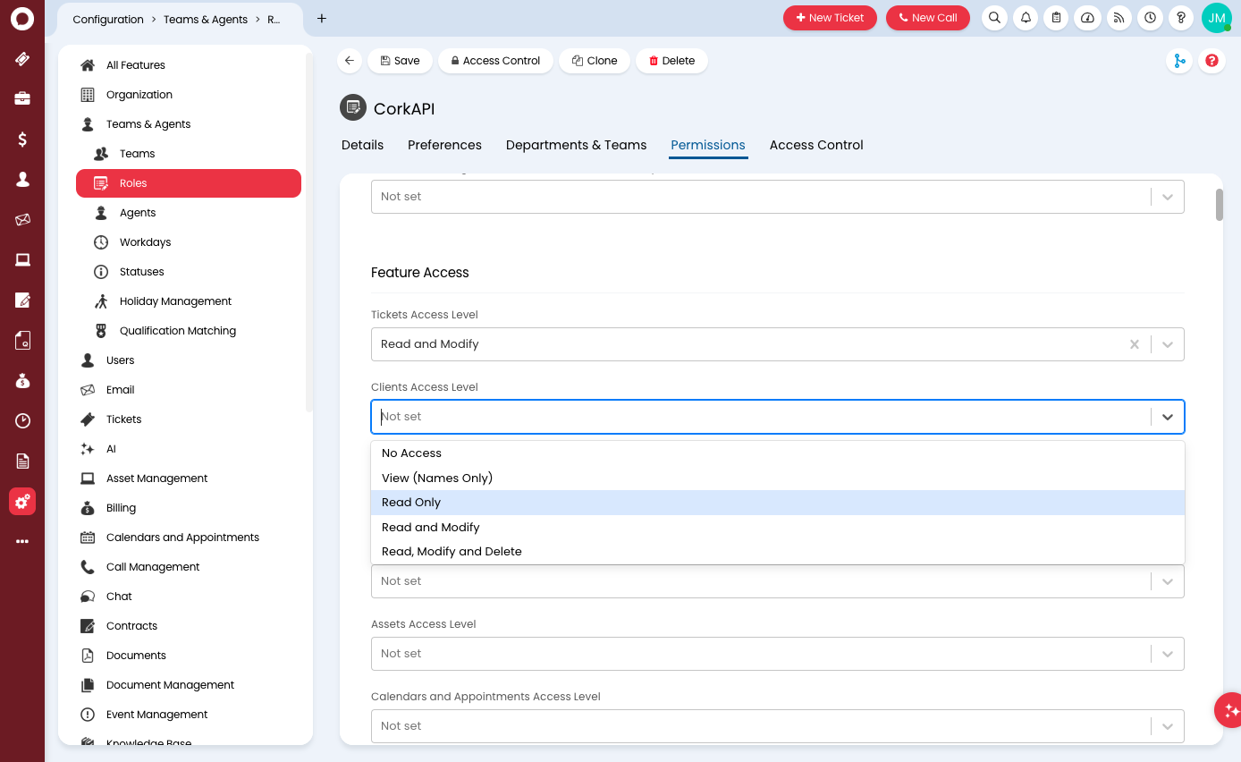 Select "Read Only" for Feature Access > Clients Access Level
