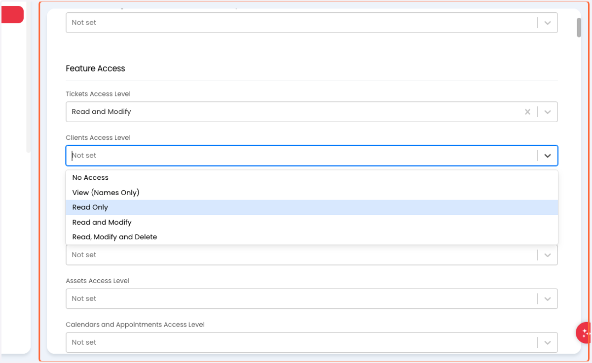 Select "Read Only" for Feature Access > Clients Access Level