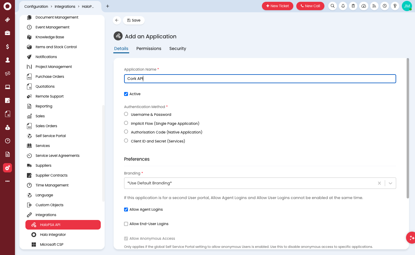 Type "Cork API" for Application Name