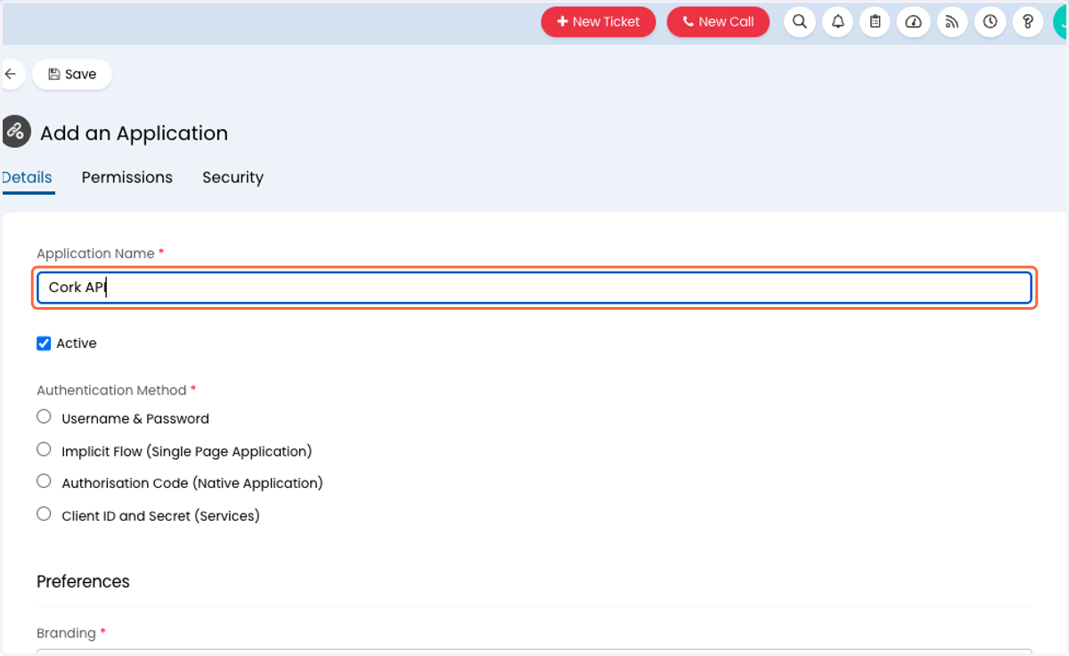 Type "Cork API" for Application Name