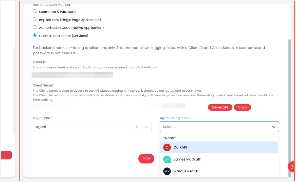 Select the "CorkAPI" agent as the Agent to log in as