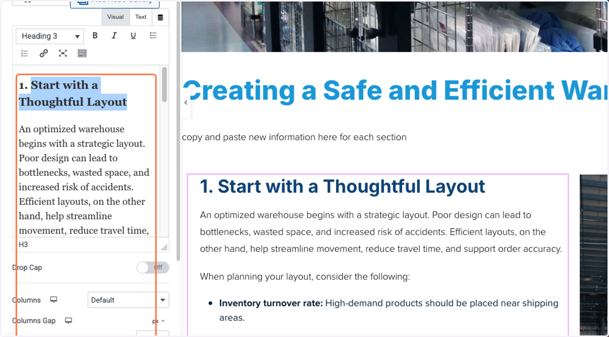 Click on the next section down and type in new h2 and keep going through the blog copy and pasting h2s and body content