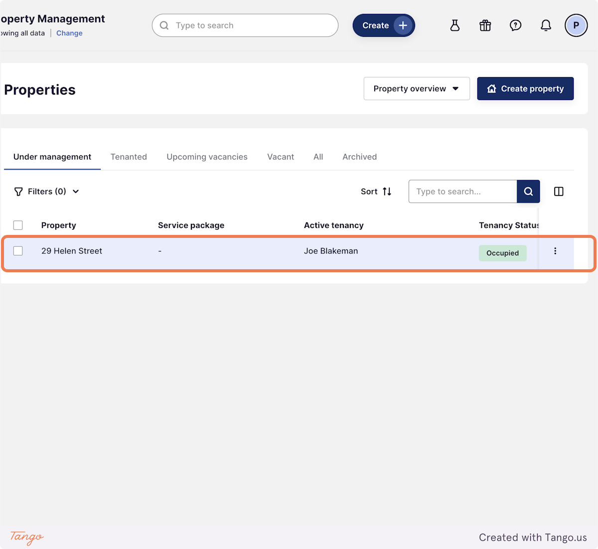 Click on the property you wish to add a Service Package to