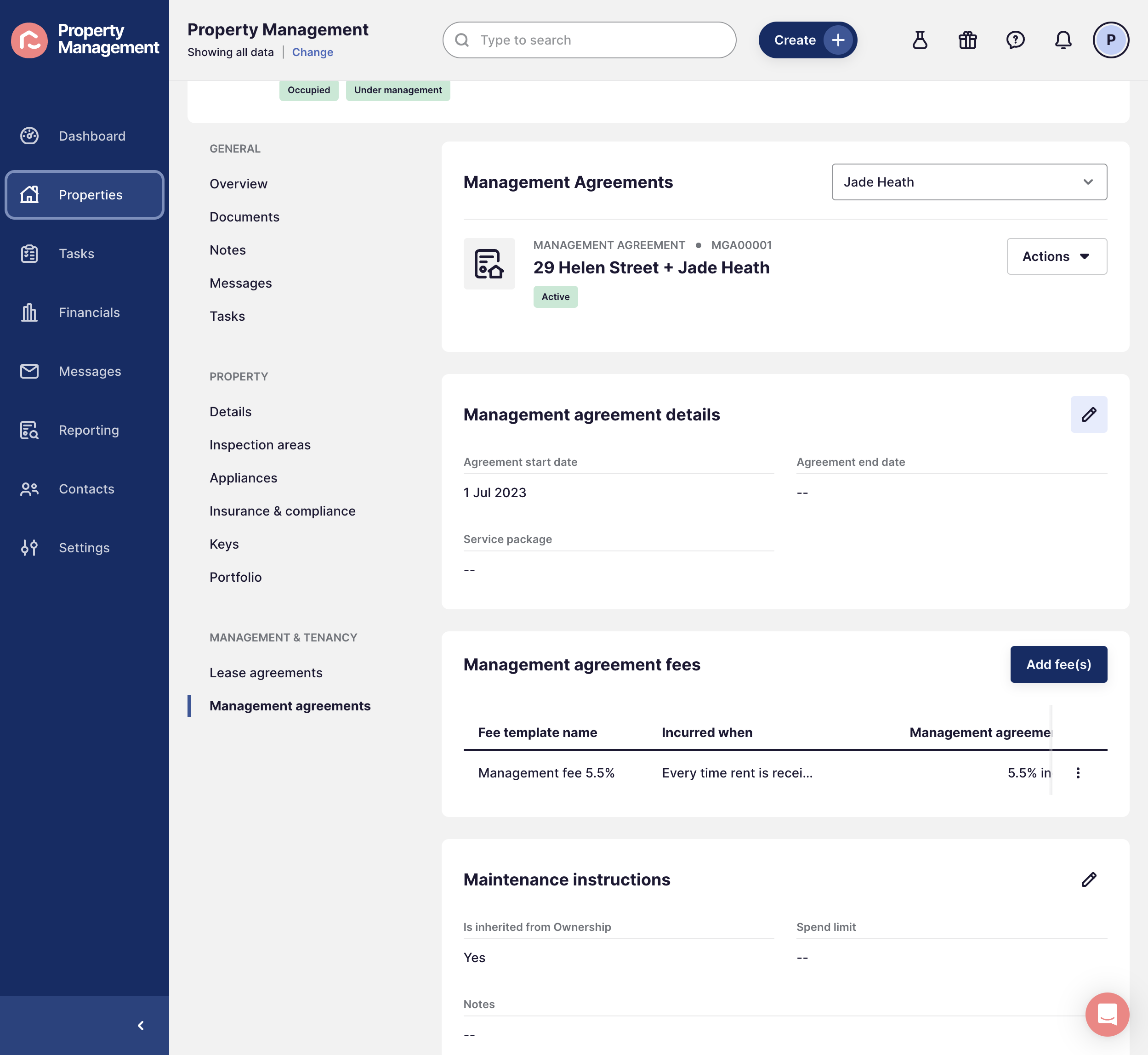 Service Packages are saved within the Management agreement details