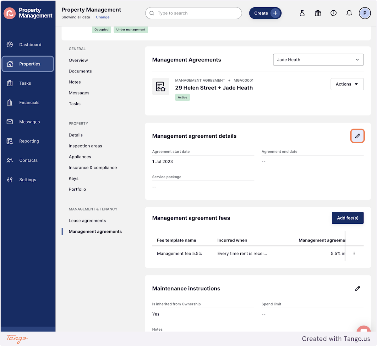 Service Packages are saved within the Management agreement details