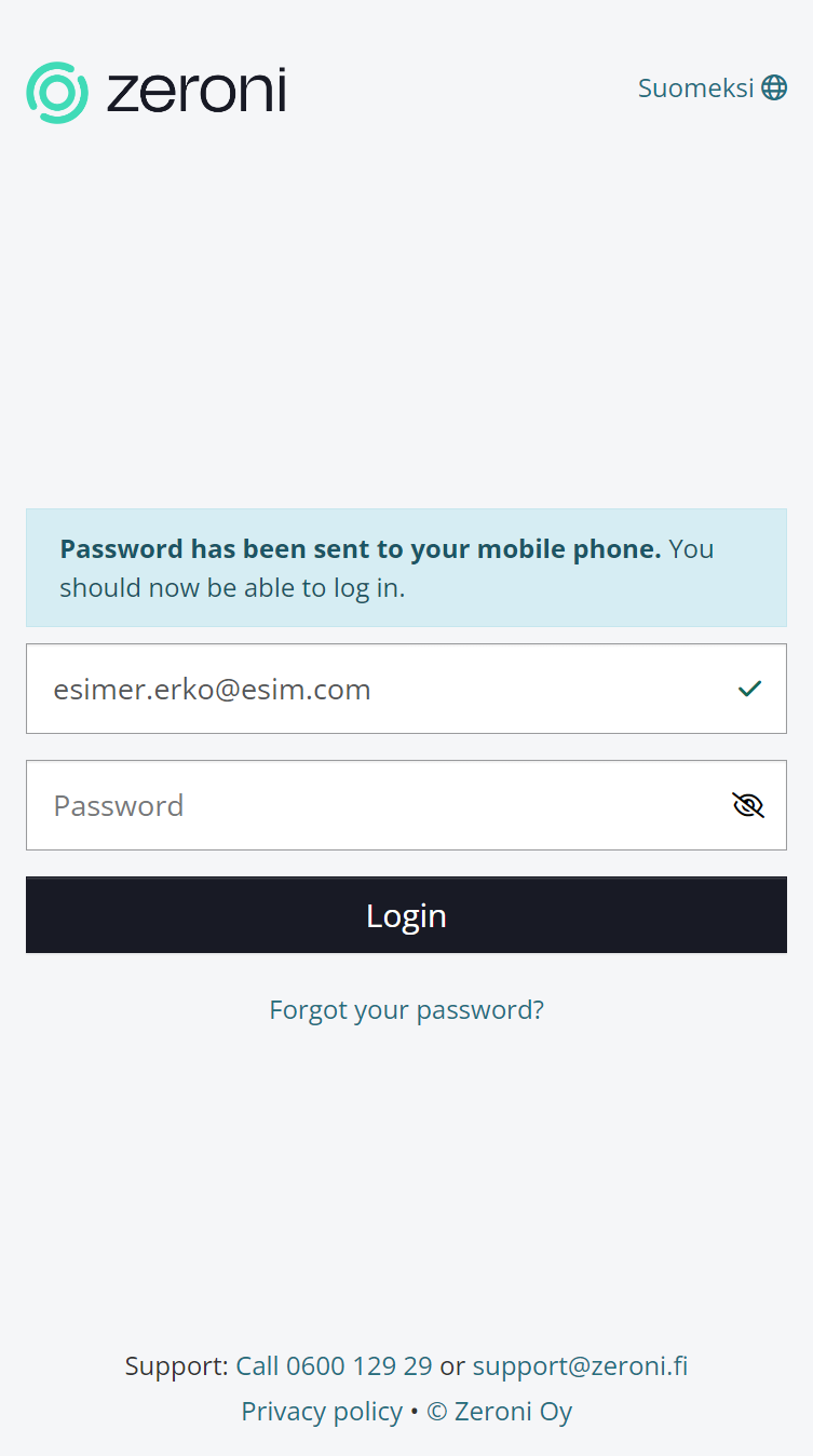 Enter the password received via text message and click 'Log in'