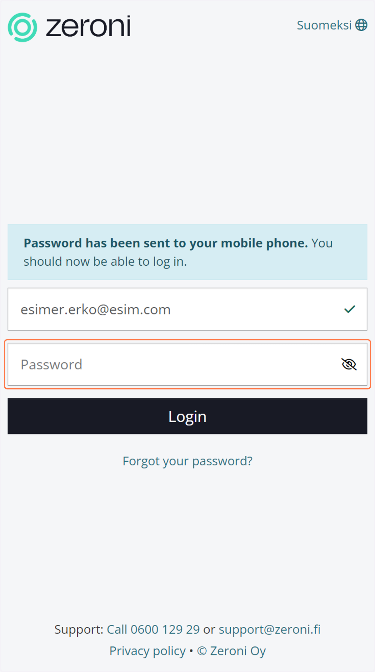 Enter the password received via text message and click 'Log in'