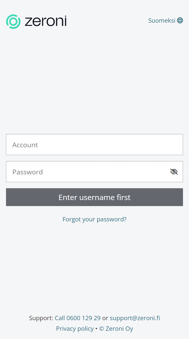 Navigate to app.zeroni.fi and enter your email address as the account.