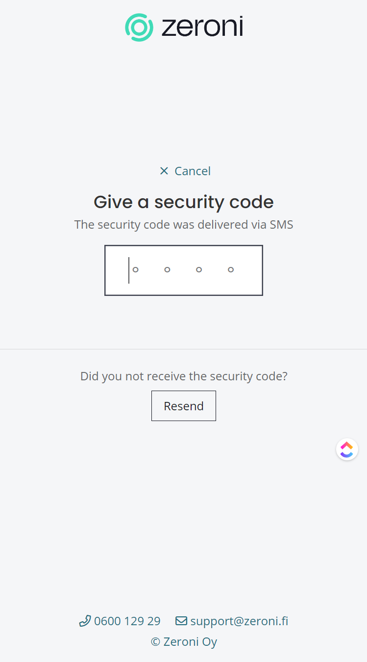 Enter the security code. Zeroni will then automatically log in.