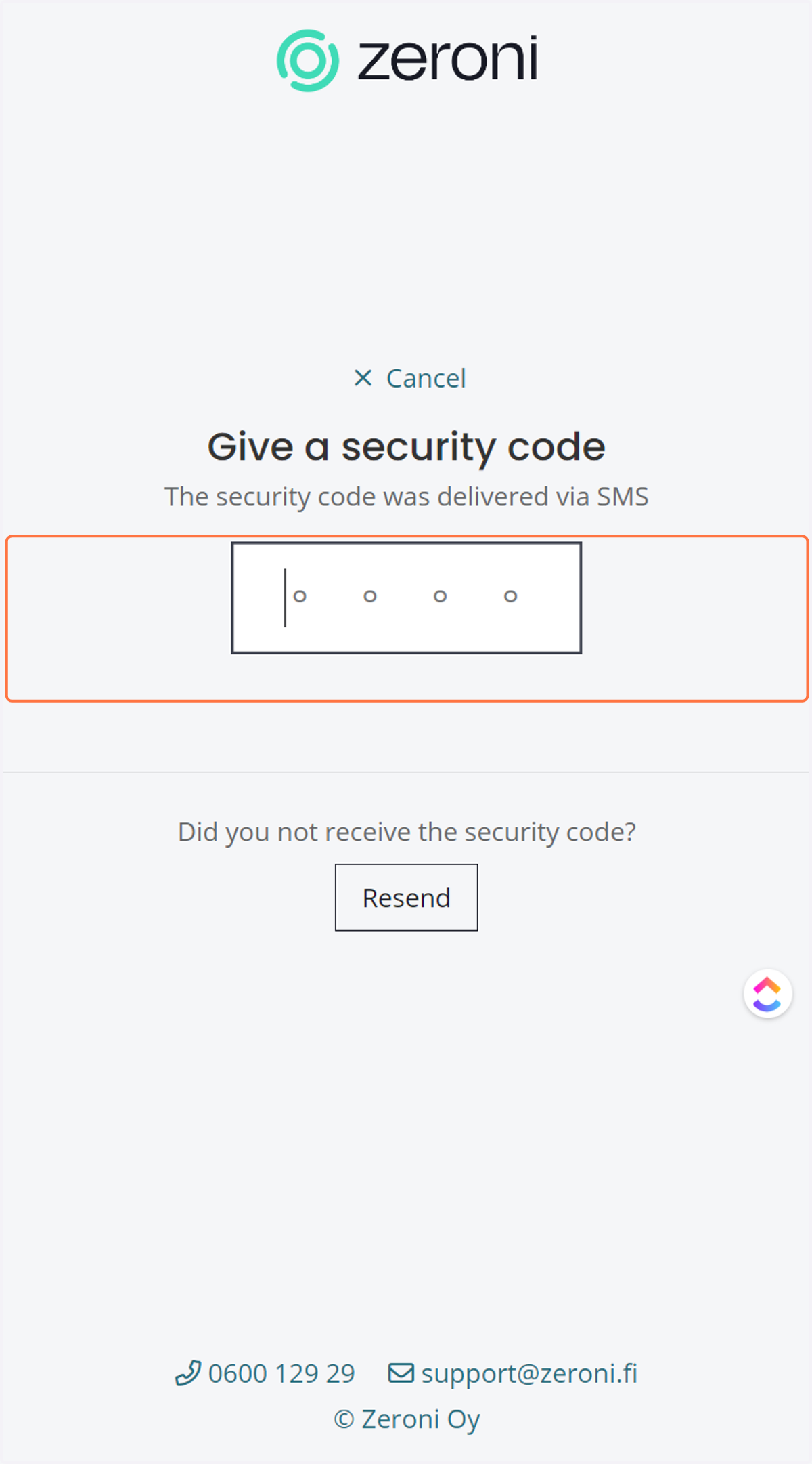 Enter the security code. Zeroni will then automatically log in.