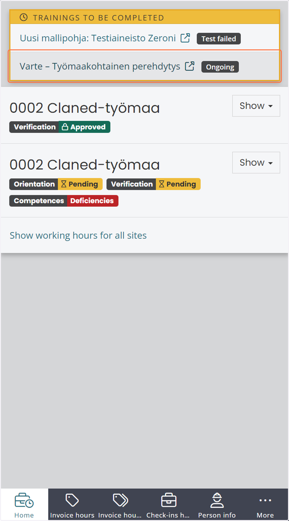 On the front page, you can see, among other things, valid site permits and pending online courses. By clicking the link, you can proceed to complete the training.