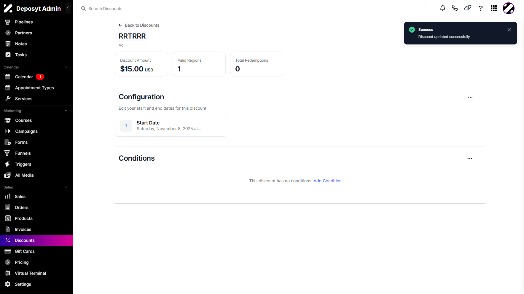 Step 10: A pop-up notification will appear, confirming that the discount has been updated successfully.