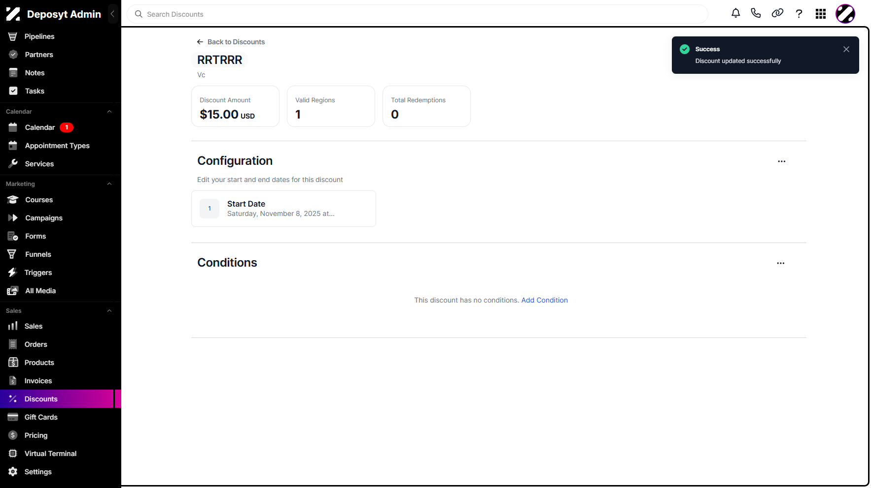 Step 10: A pop-up notification will appear, confirming that the discount has been updated successfully.