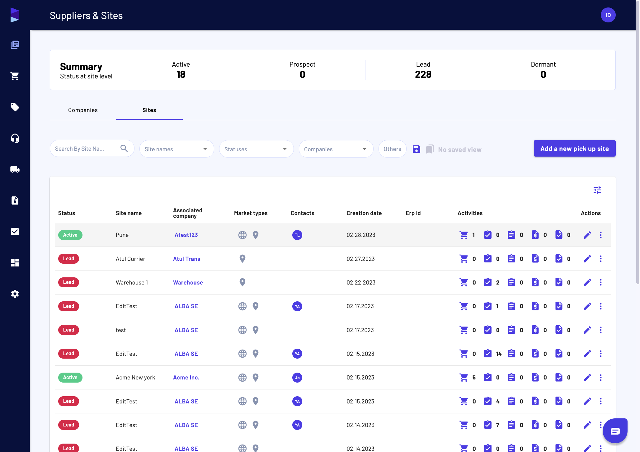 Select a site by clicking on the row