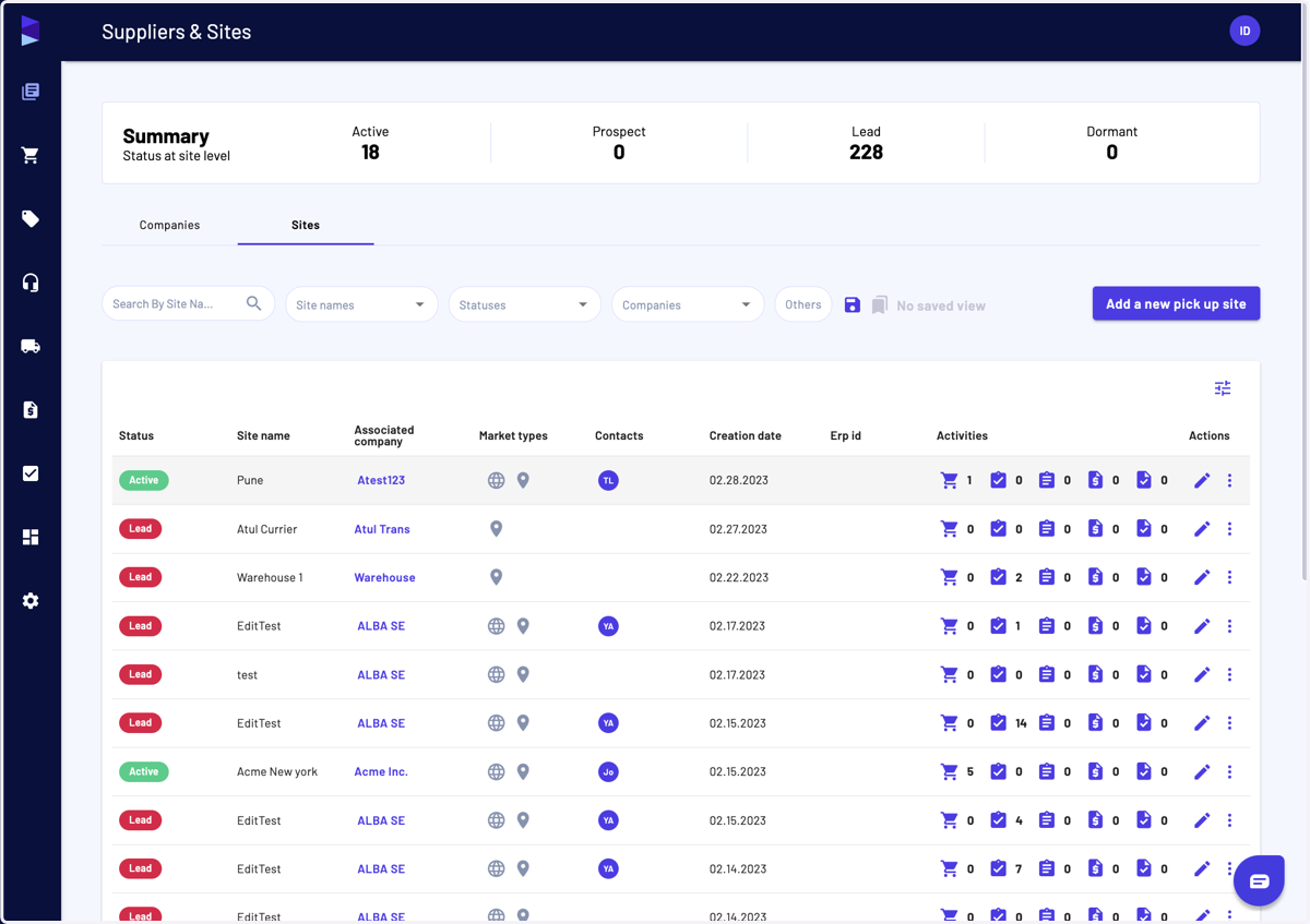 Select a site by clicking on the row