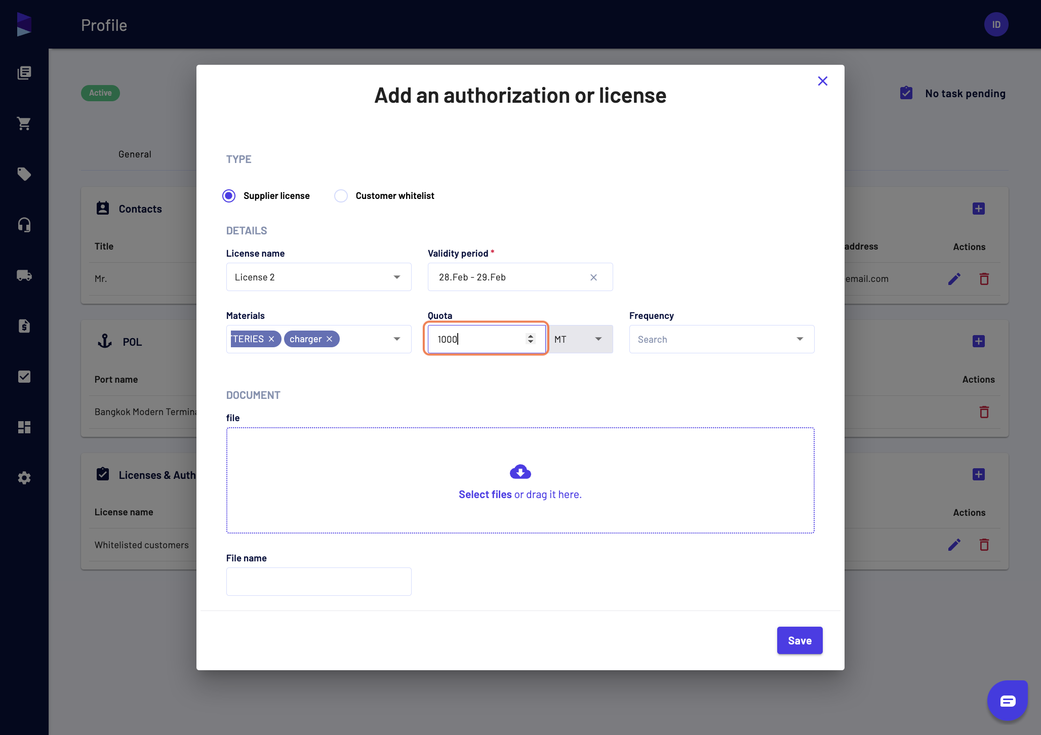 In case there is a quota associated to the license, you can add it