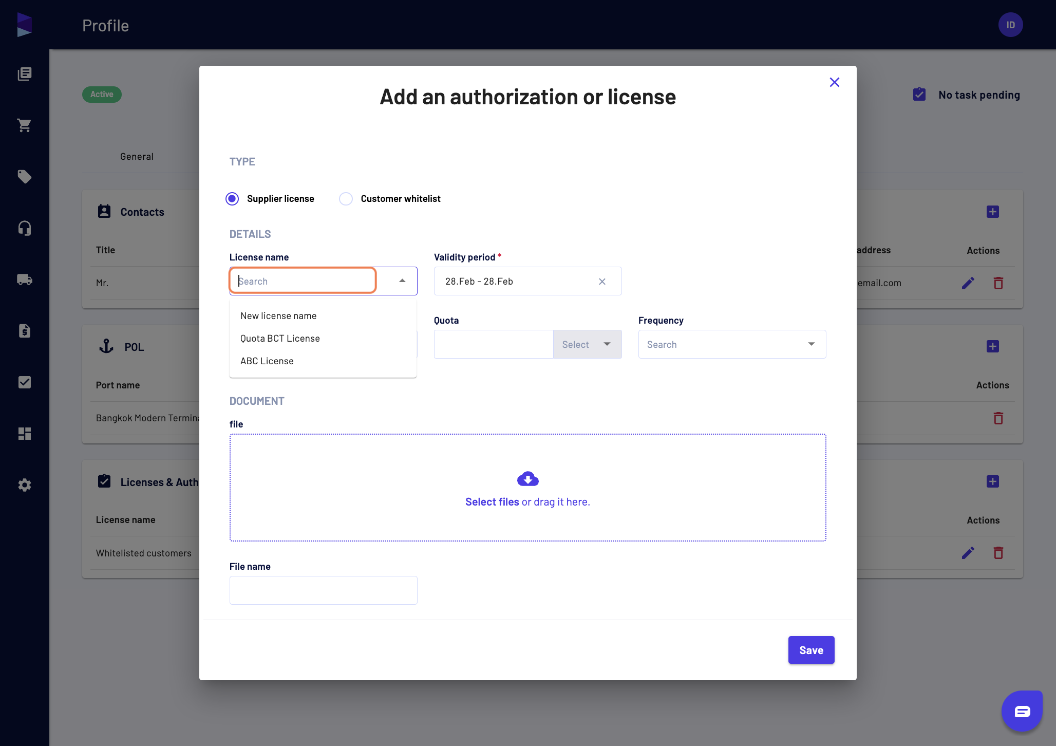 If you add a "Supplier license", select the license name