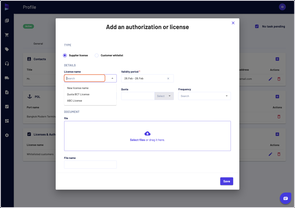 If you add a "Supplier license", select the license name