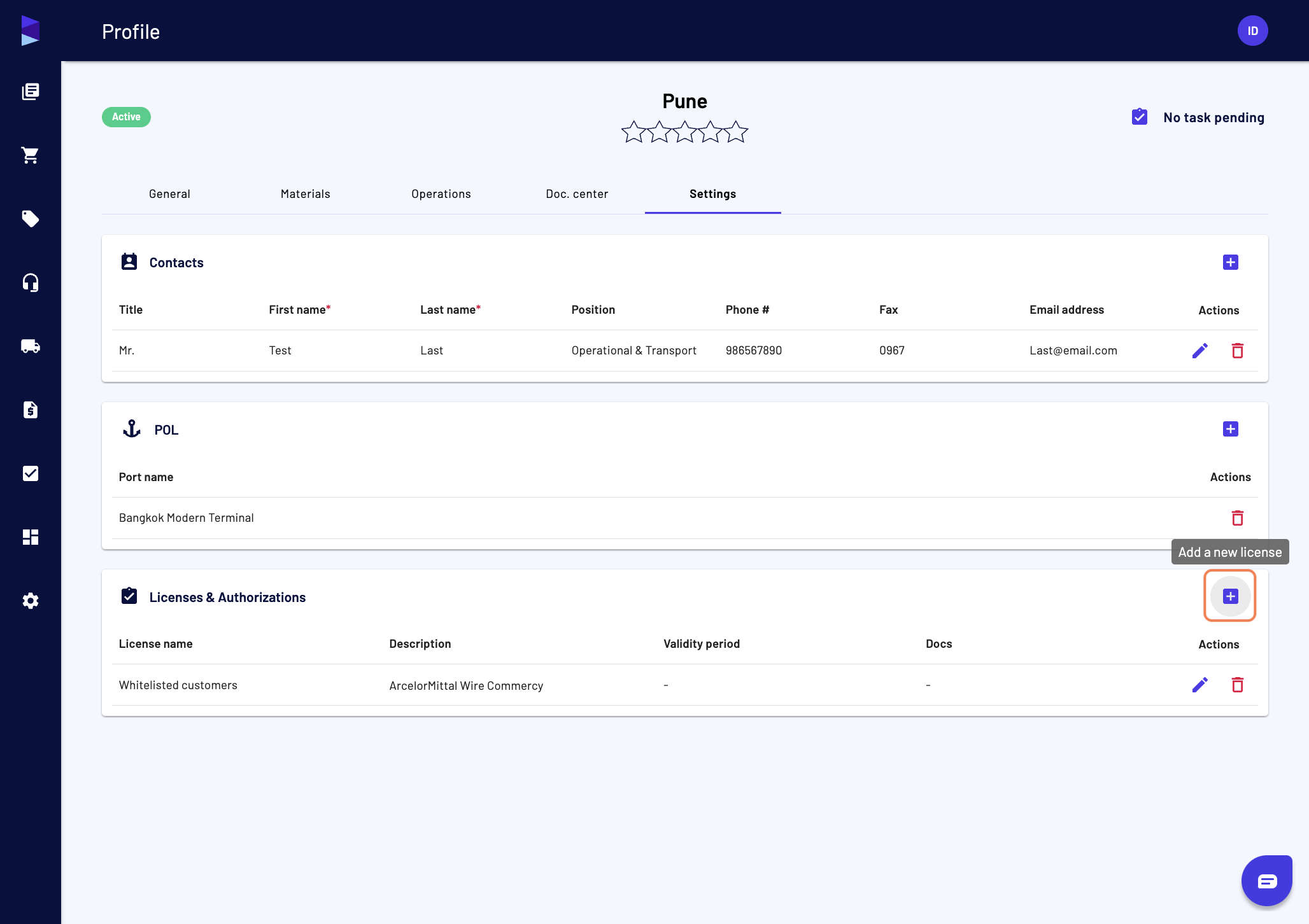 You can add a new license or authorization by clicking on the "Add" button