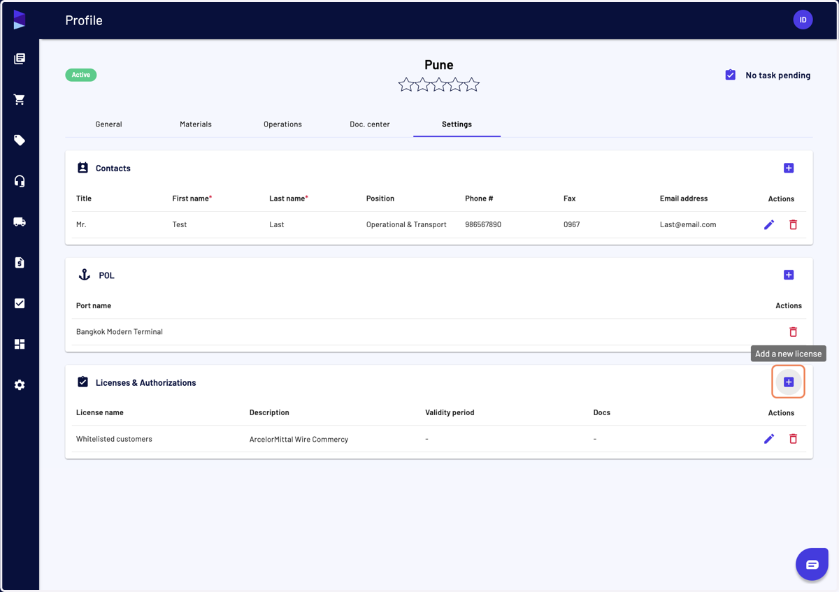You can add a new license or authorization by clicking on the "Add" button