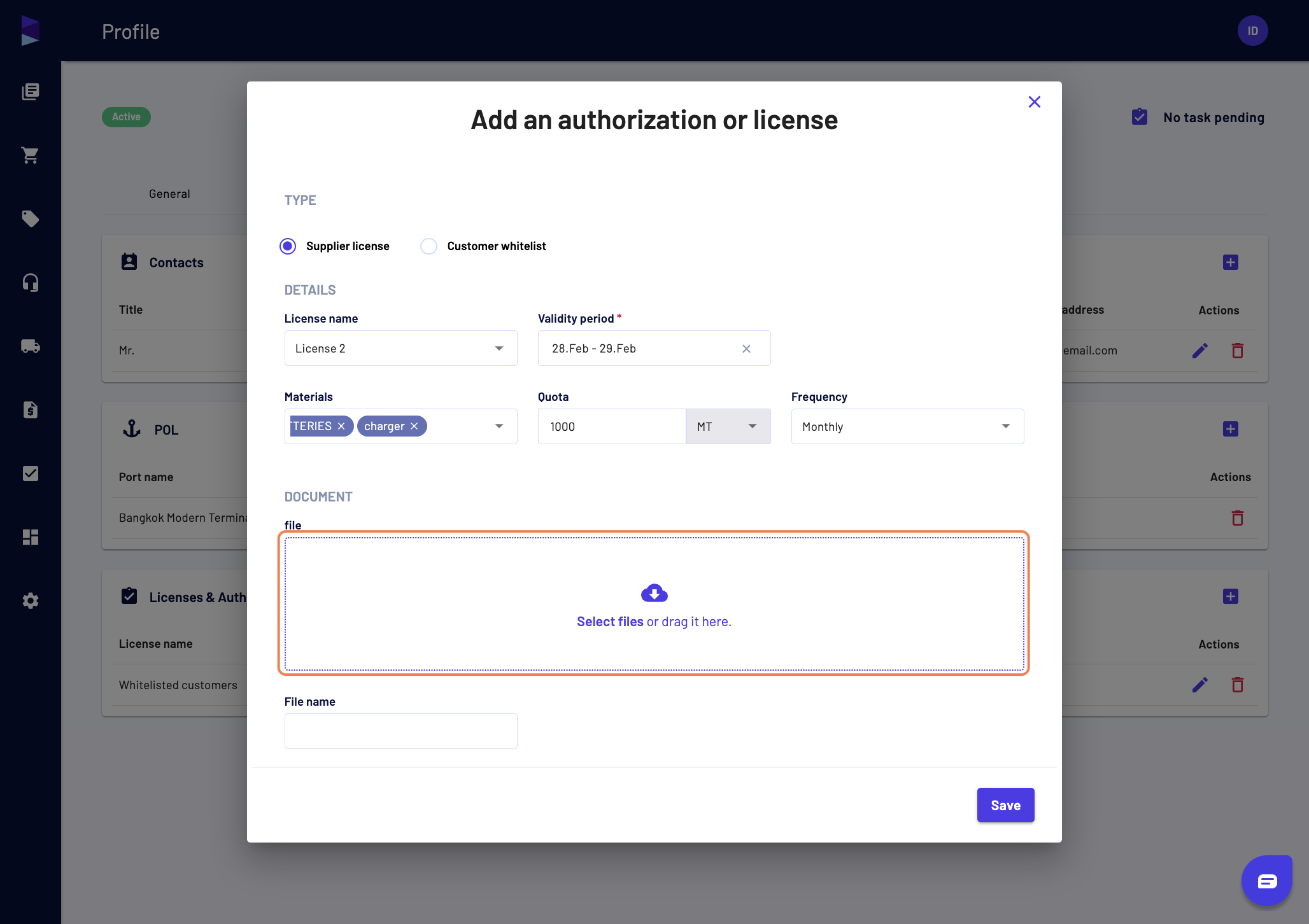 You can also add any document associated to the license