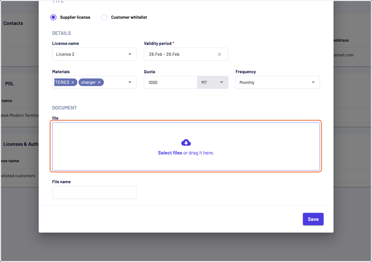 You can also add any document associated to the license