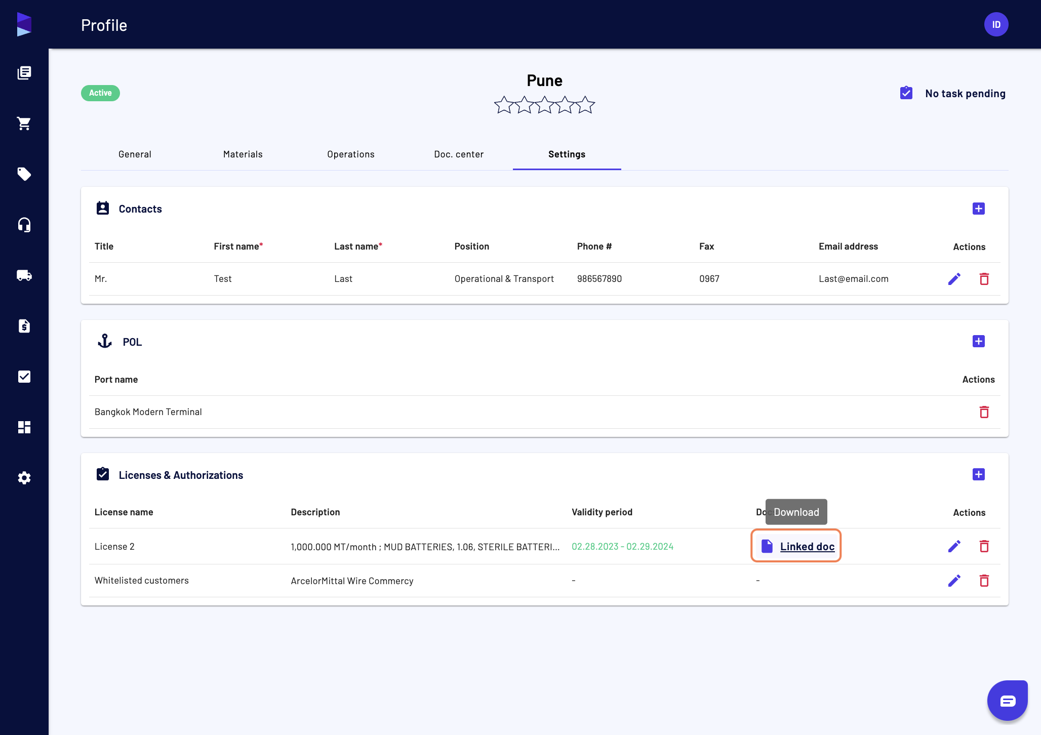 The license details are displayed and you can click on the "Linked" doc" link to download the document you have uploaded
