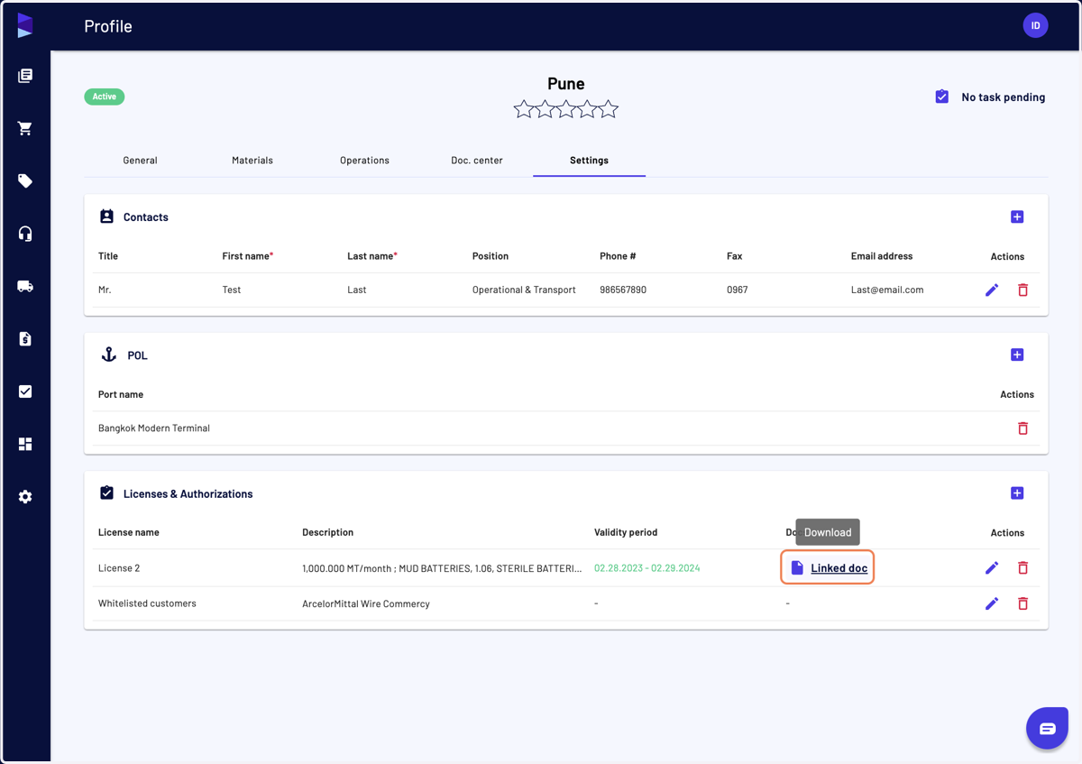 The license details are displayed and you can click on the "Linked" doc" link to download the document you have uploaded