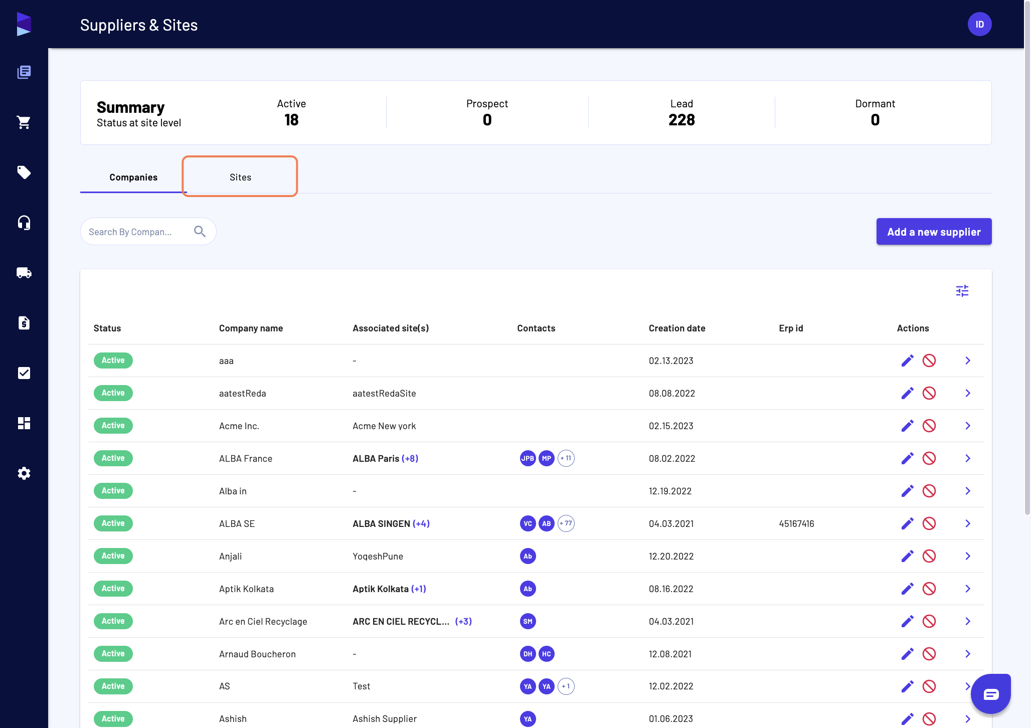 Go in the "Suppliers & Sites" page and click on the "Sites" tab