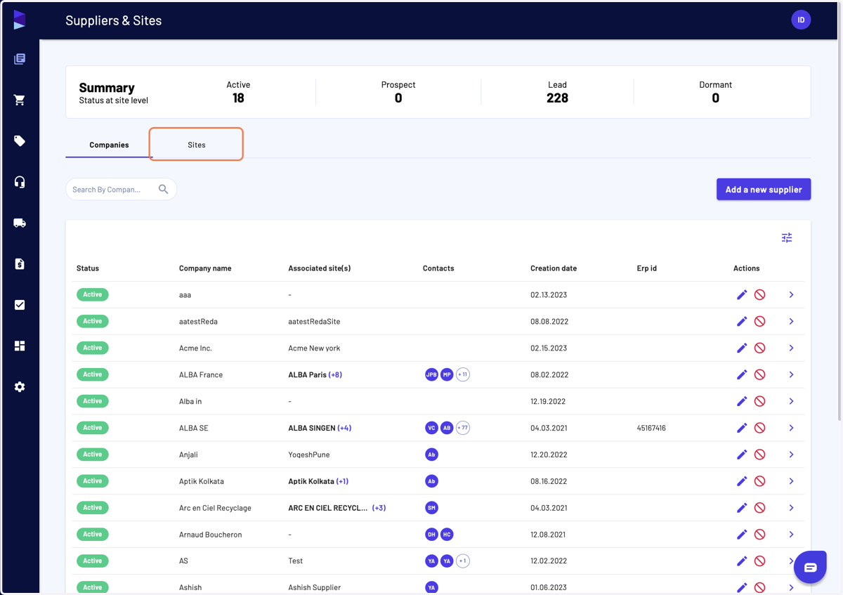 Go in the "Suppliers & Sites" page and click on the "Sites" tab