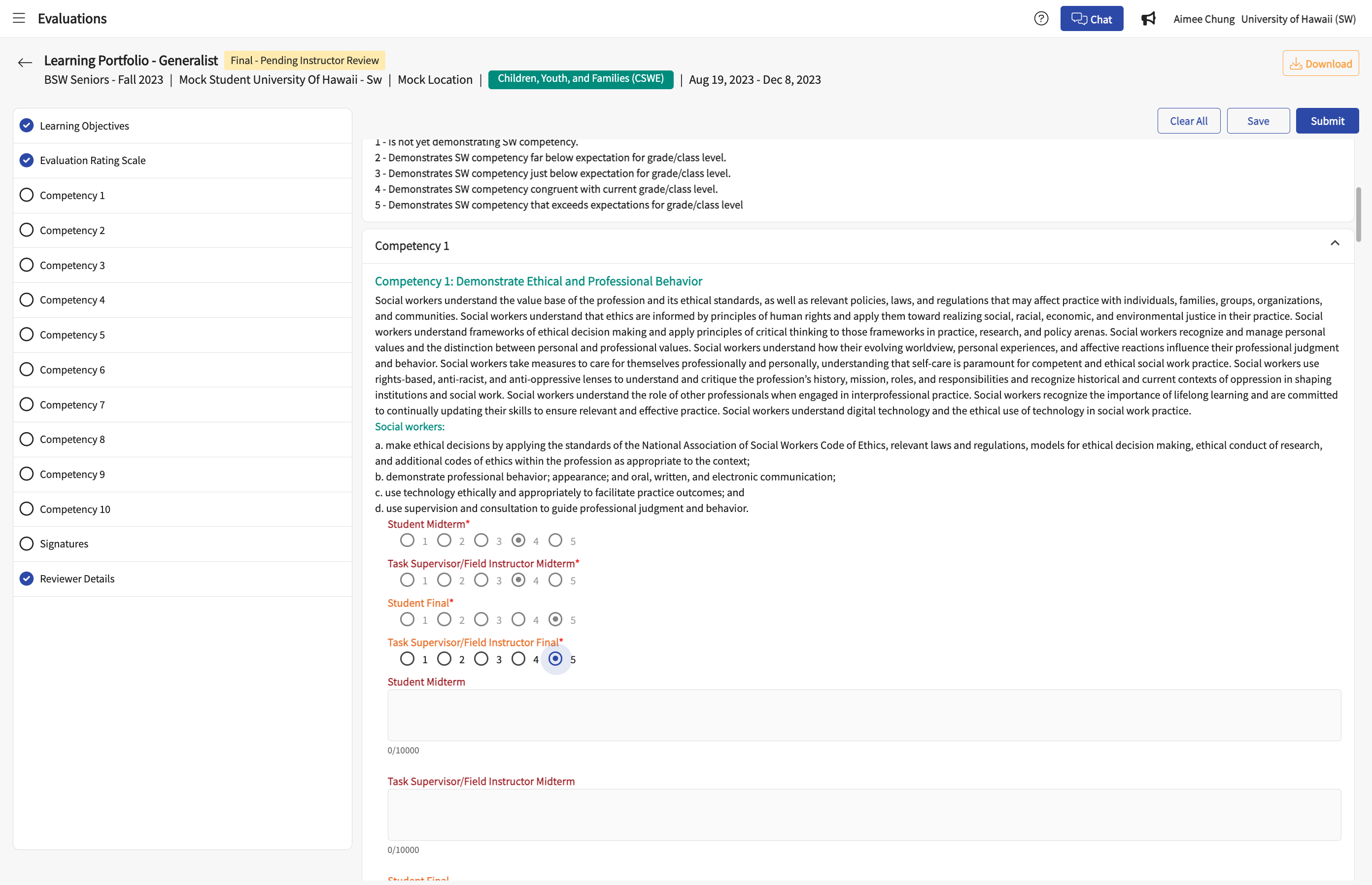 Rate the student on all of the 10 Competencies.