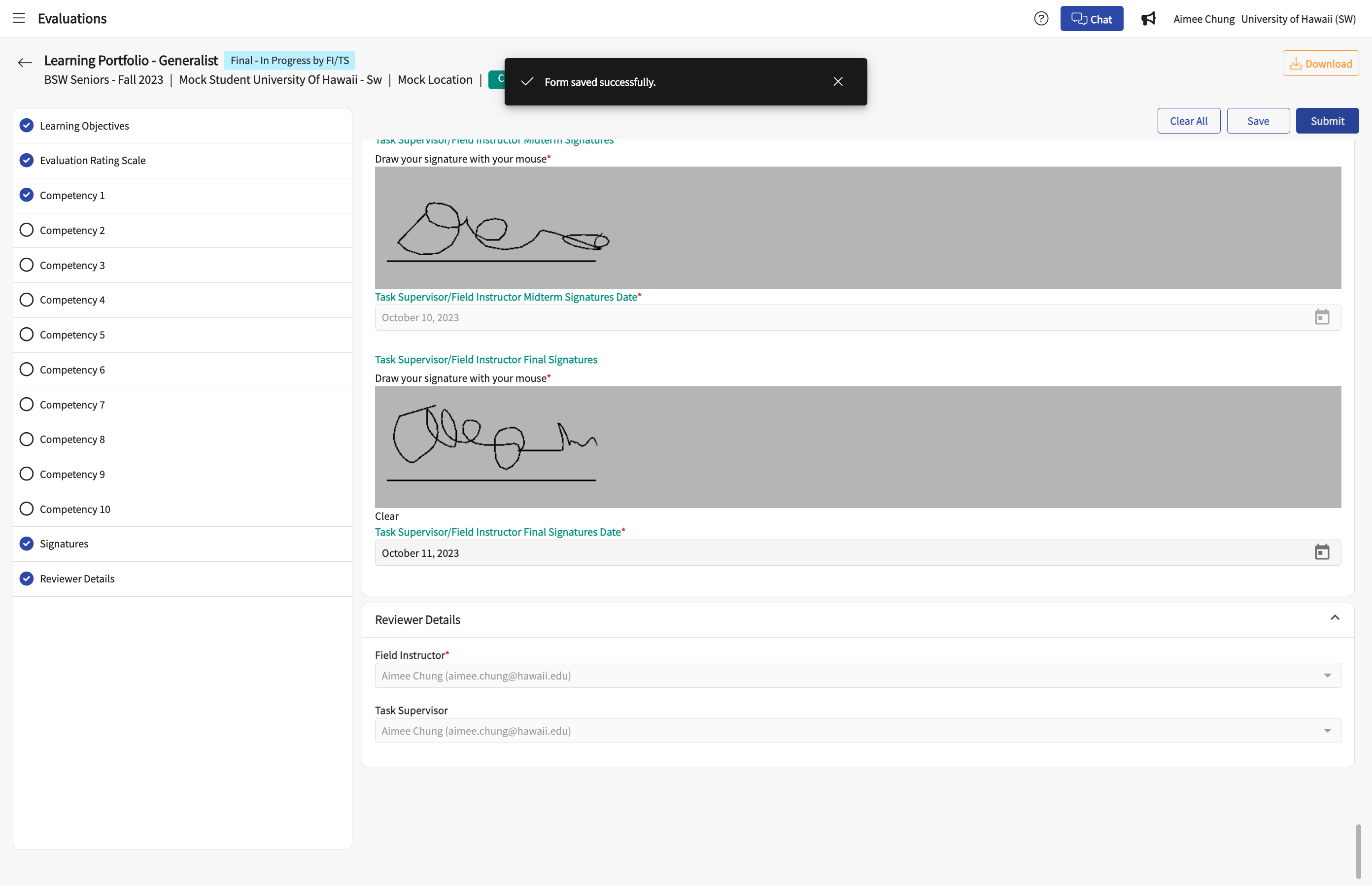 Field Instructors - click on "Submit" when complete.