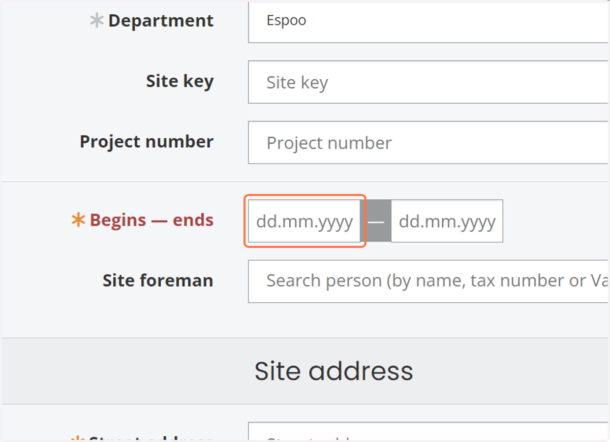 Set the start and completion dates for the construction site