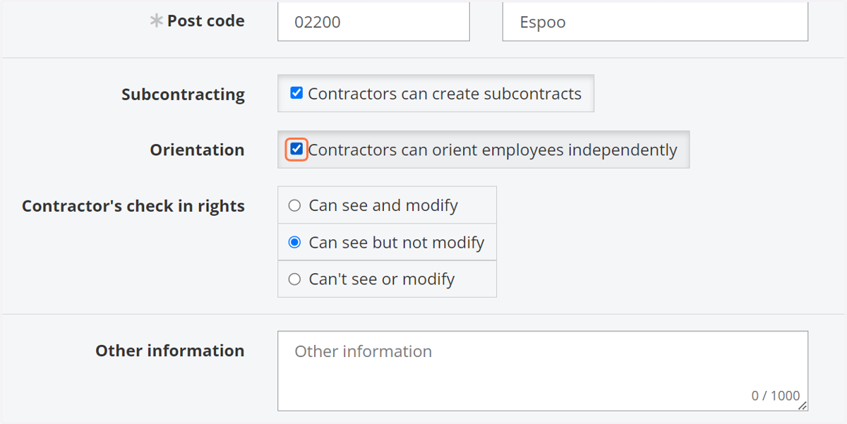 Choose whether the contractor is allowed to orientate their own employees and view or edit their own employees' timestamps