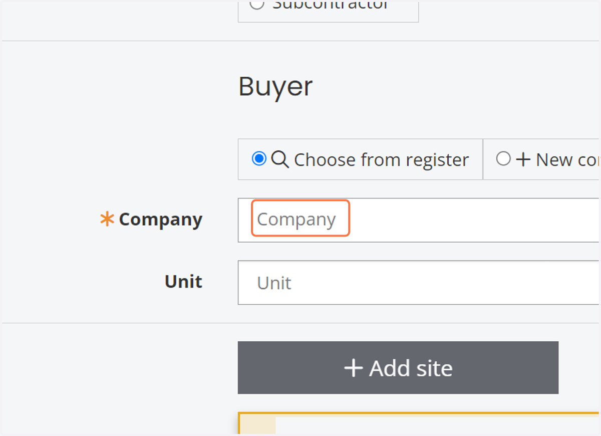 Add the buyer for the construction site either by selecting from the existing list or by creating a new company.