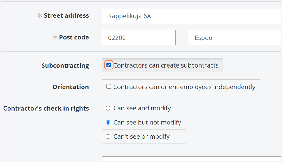 If you grant the contractor administrative rights: Select 'Contractor can create subcontracts' if you want to allow subcontracting.