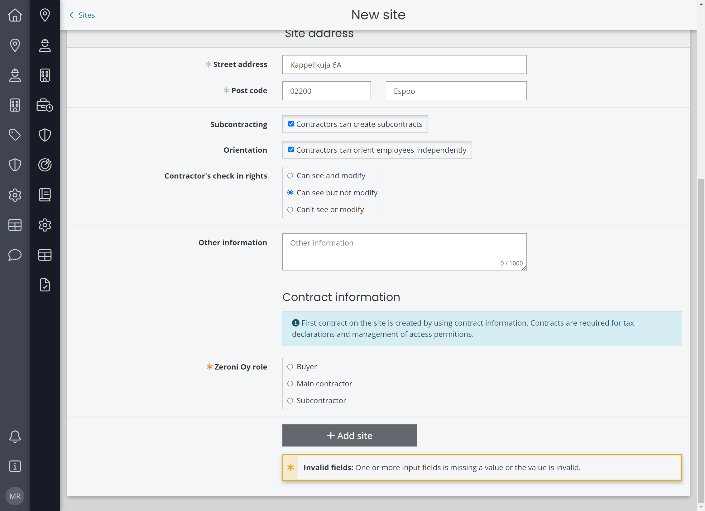 Enter additional information as needed. Additional details are visible on the front page of the construction site to all users with administrative rights for that specific construction site.