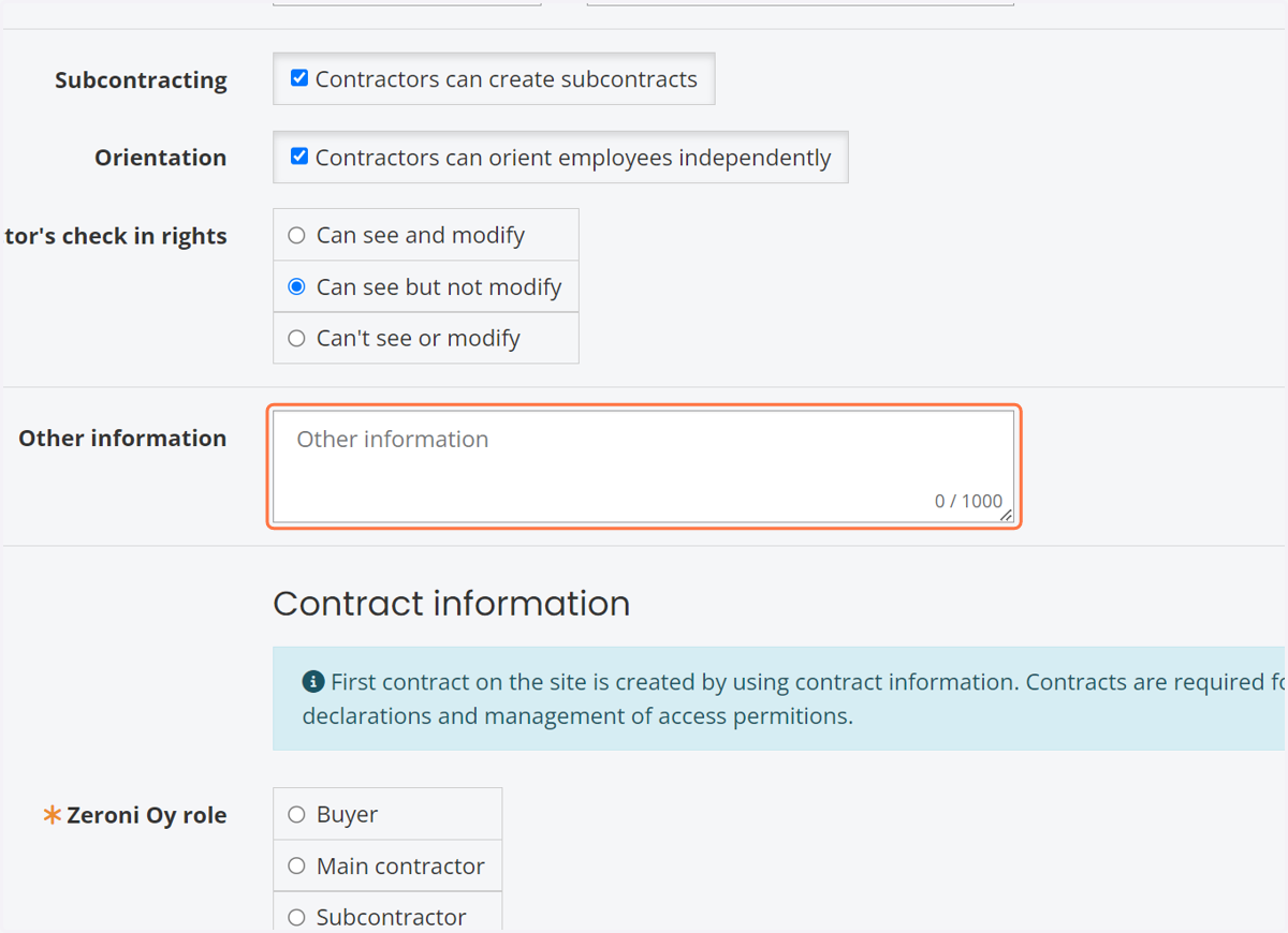 Enter additional information as needed. Additional details are visible on the front page of the construction site to all users with administrative rights for that specific construction site.
