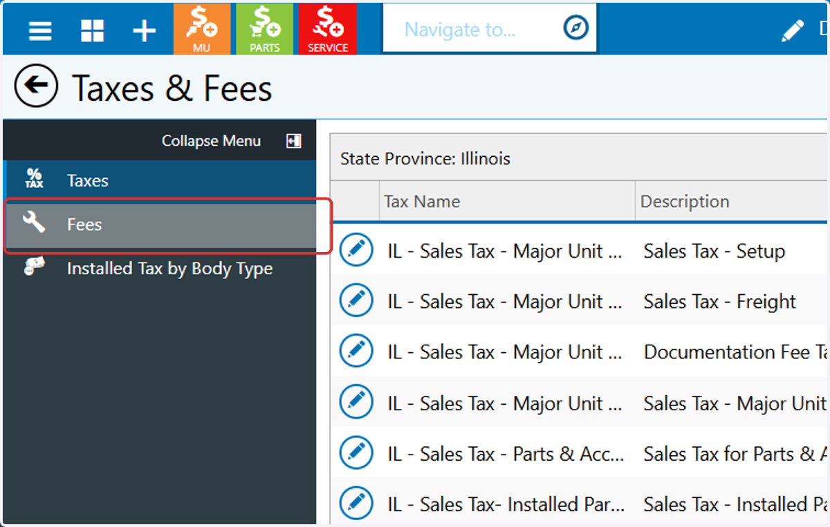 Click on Fees in the Collapse Menu