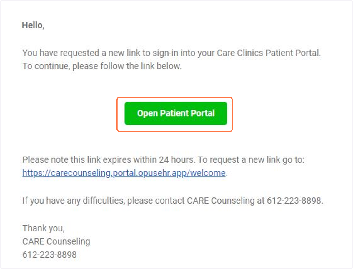 Click on the Open Patient Portal Link from your email or text