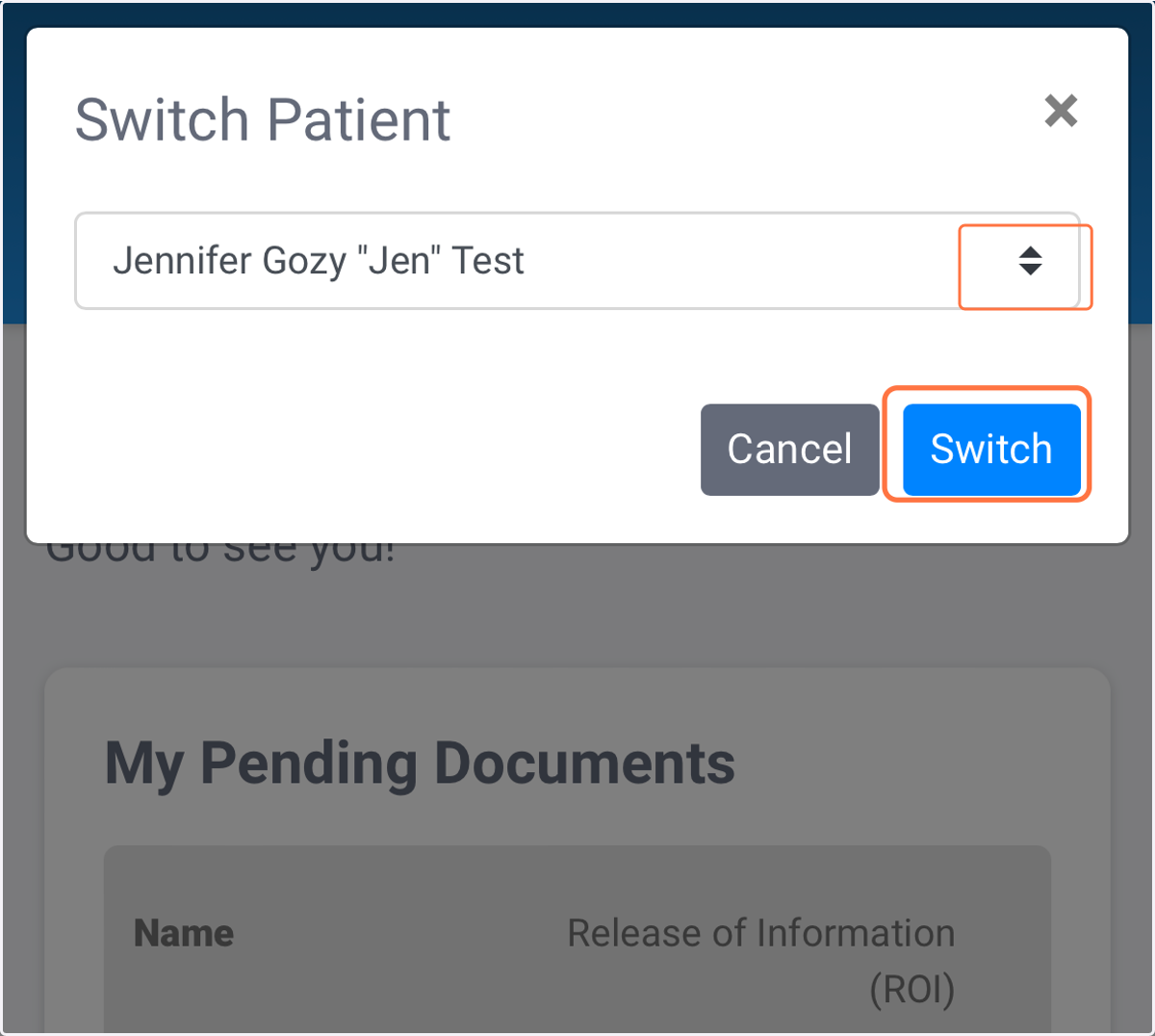 Chose the patient you want to view from the dropdown and click "Switch"