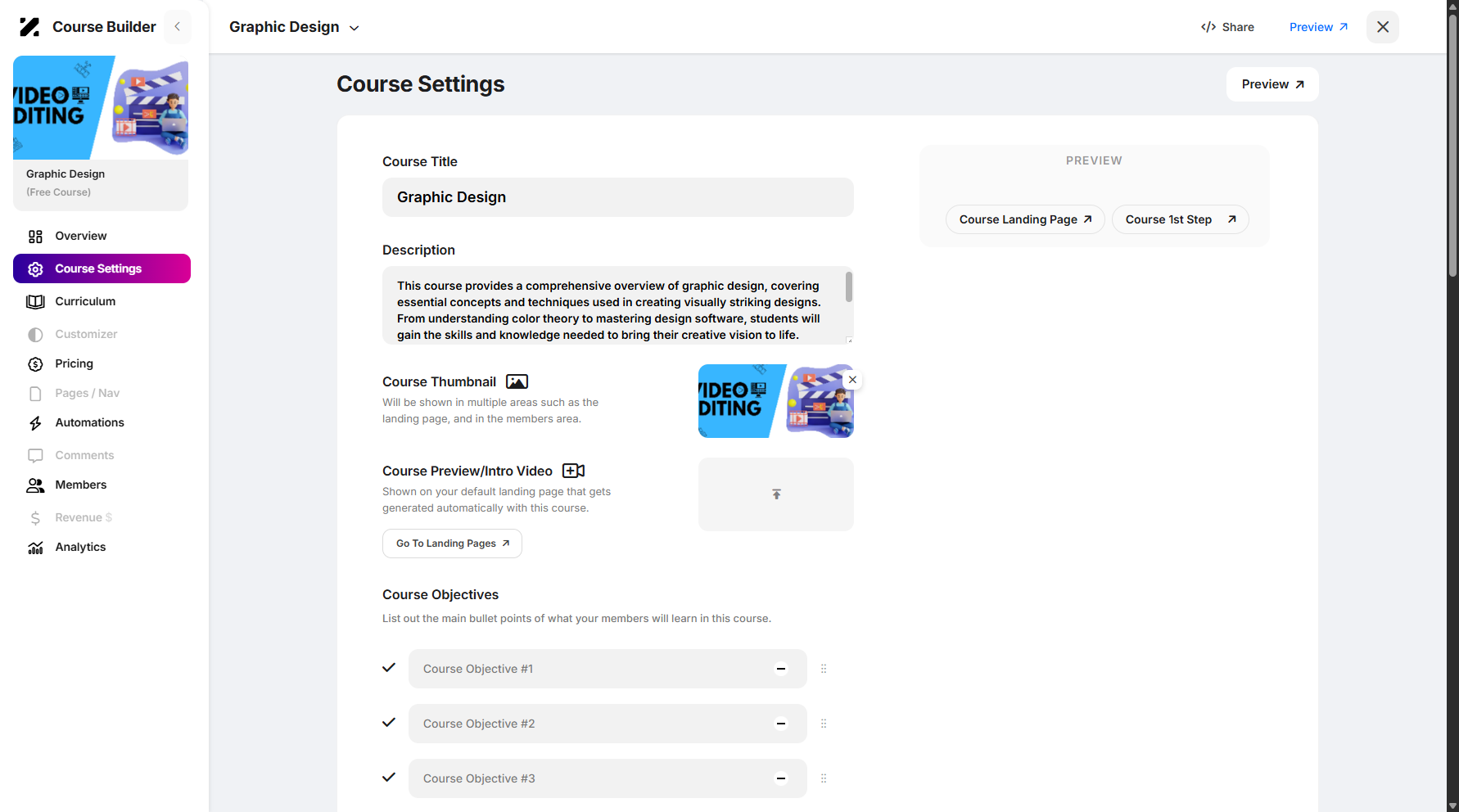 Step 7: You will then be taken to the Course Settings page, where you can edit the course.