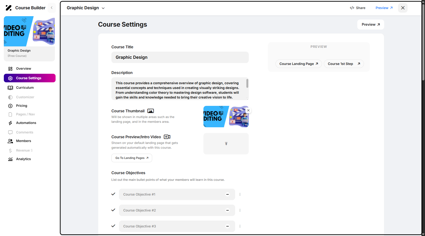 Step 7: You will then be taken to the Course Settings page, where you can edit the course.