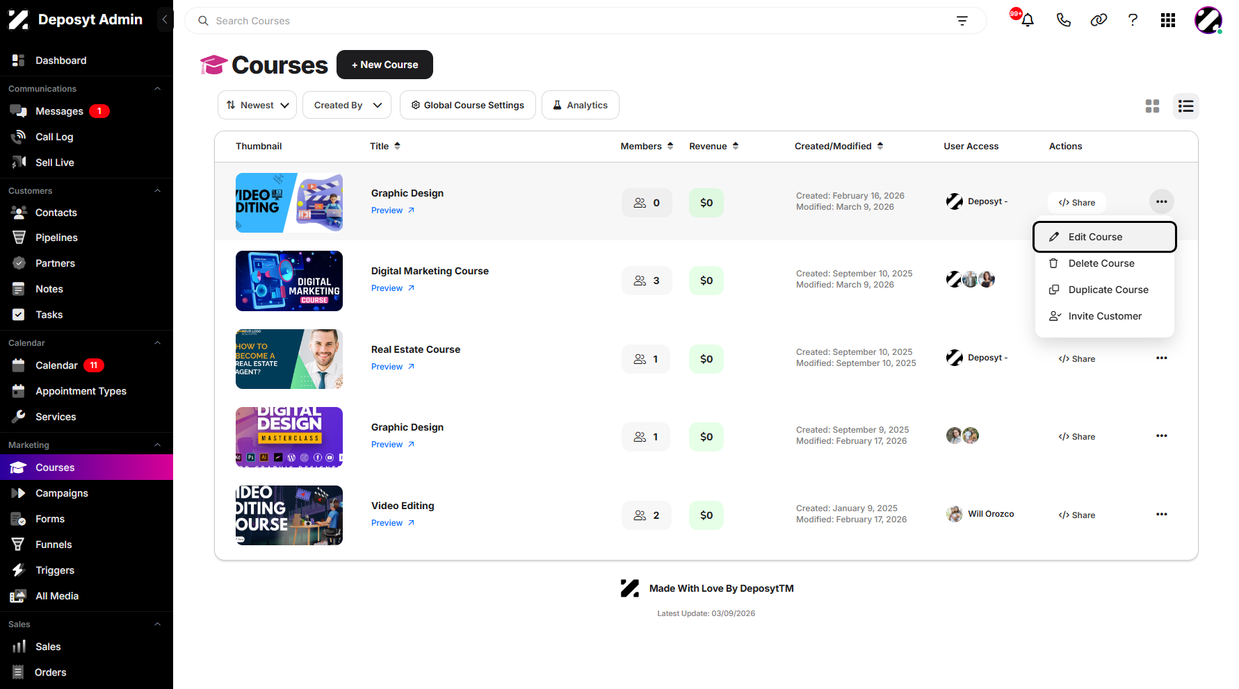 Step 6: To edit a selected course, click the Edit Course option.