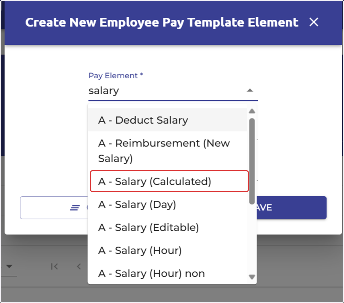 Use the filter option to type in the name of the pay element, or simply scroll to find the relevant pay element.